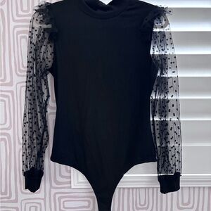 Chic Black Bodysuit with Sheer Polka Dot Sleeves